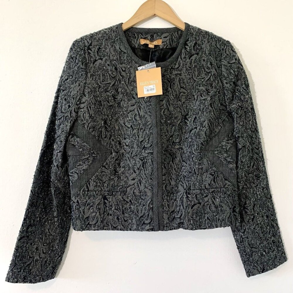 ELLEN TRACY Gray Floral Stylish Tweed Collarless Business Jacket NWT $149.50
